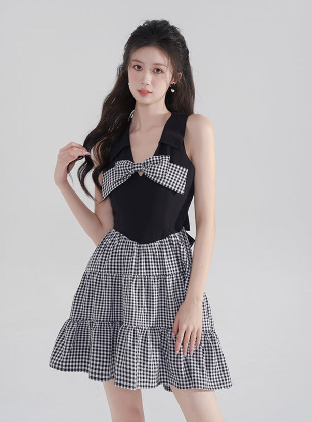 French Retro Check Ribbon One Piece