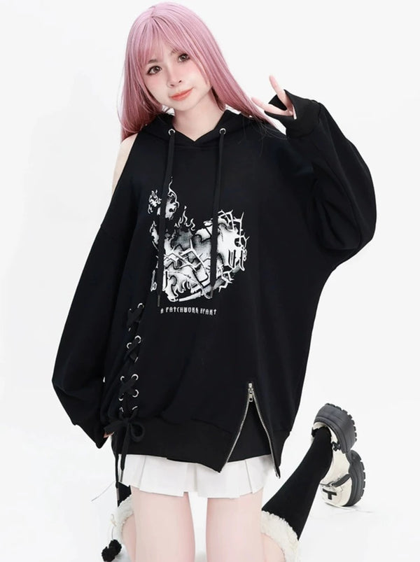 Mode Heart Zipper Hooded Loose Hoodie