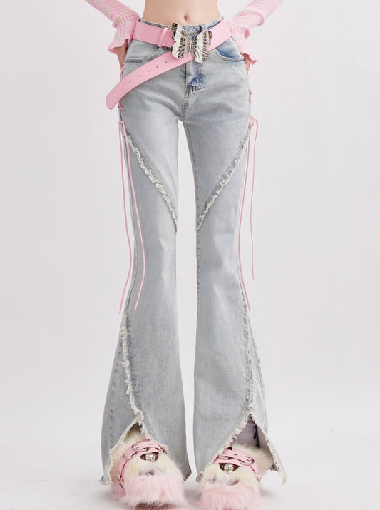 Side lace -up flare denim pants