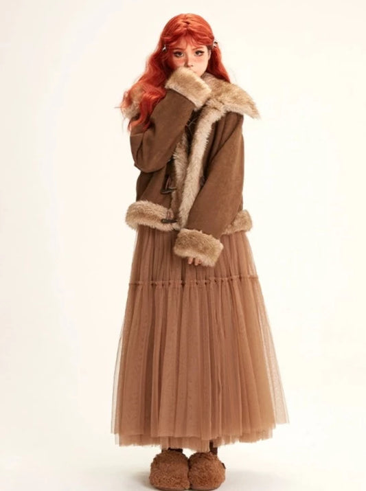 11SH97 coffee color sweet mesh skirt autumn and winter women's high-waist mesh skirt slim to show thin A-line mid-length style