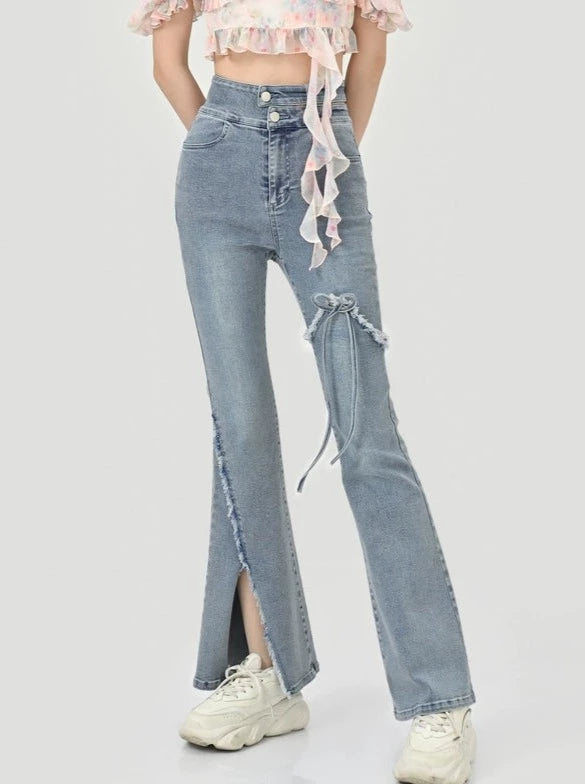 High Waist Slit Denim Flared Pants