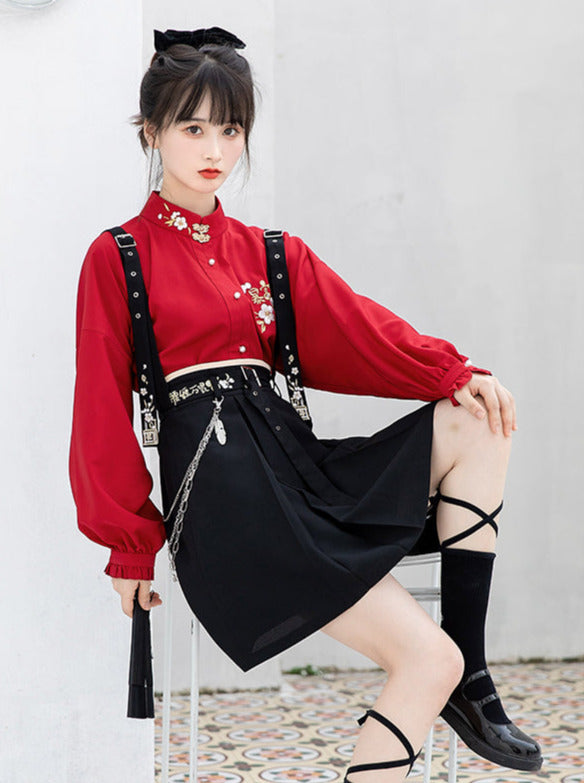 China volume sleeve shirt + chain strap embroidered sass skirt