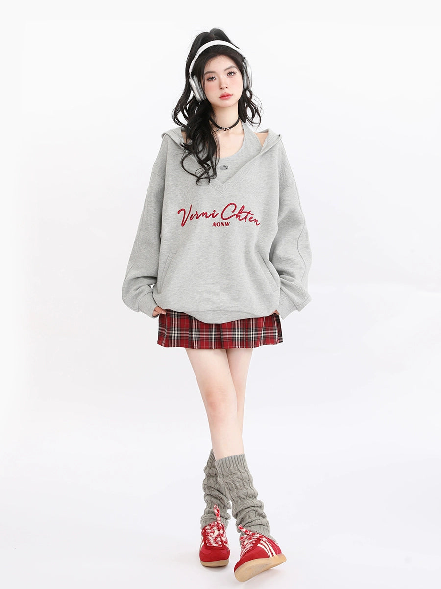 American Retro Sweatshirt Hooded Loose Oversized Two Piece Set