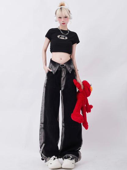 High Street Flap Design Gradient Wide Leg Denim