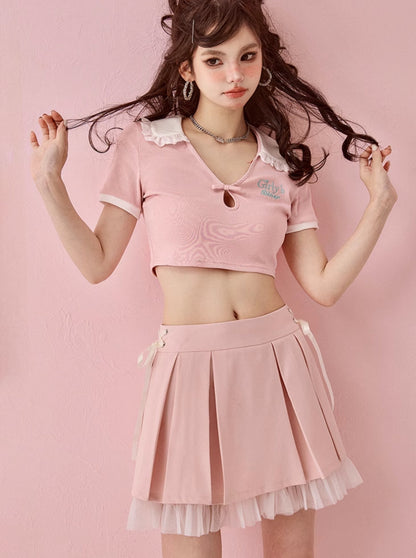 Layered mesh lace press pleated pink A line skirt