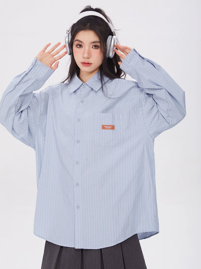 Loose Polo Collar Blue Stripe Shirt