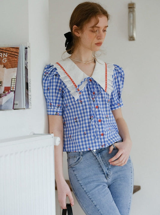 ブルーギンガムチェックチェリーシャツ