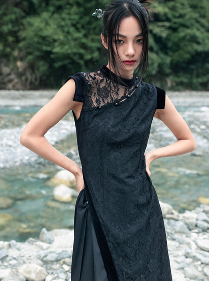 Lace slit long cheongsam