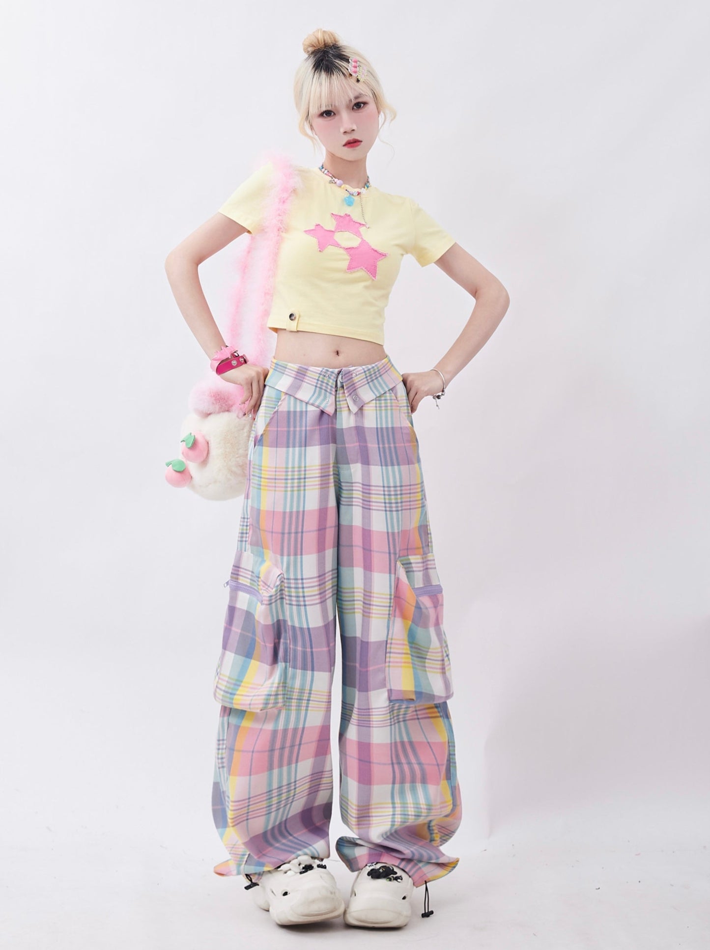 American cute pastel check straight pants