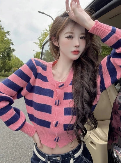 Pink Striped Short Cardigan