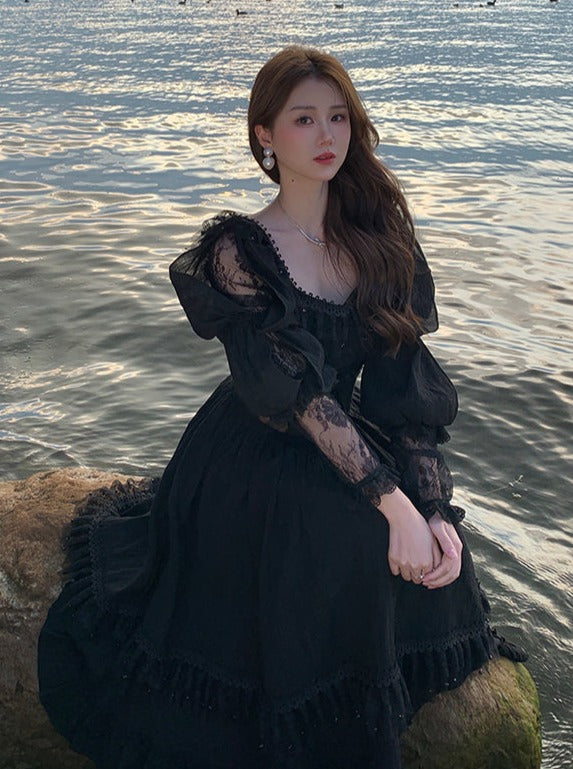 Race frilled waist design long dress