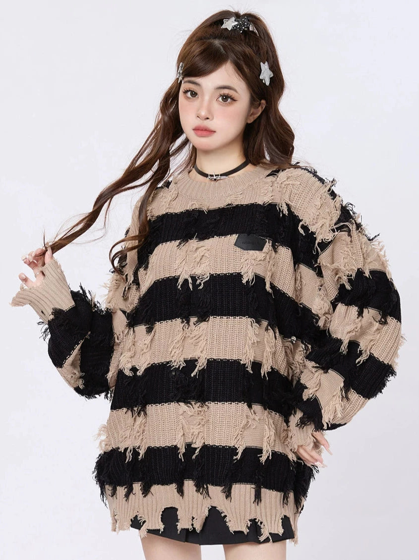 American Retro Tassel Stripe Loose Knit