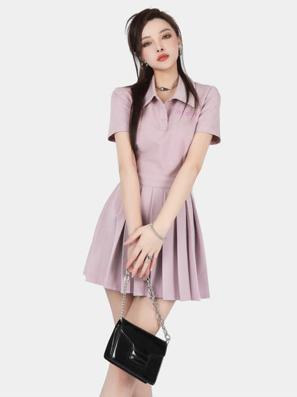 Polo collar pleated switching dress tennis girl