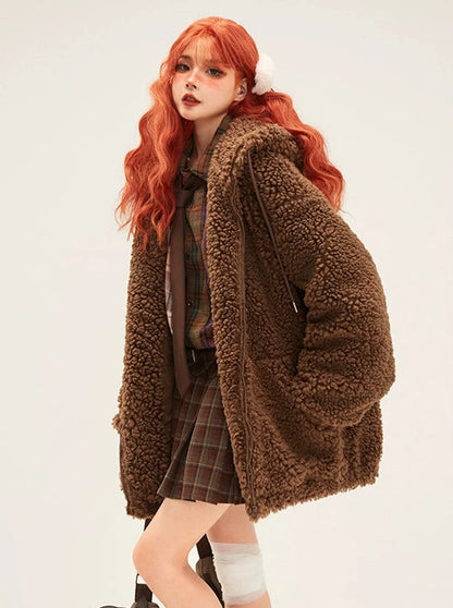 Bear Ears Hooded Lamb Wool Zipper Fur Coat