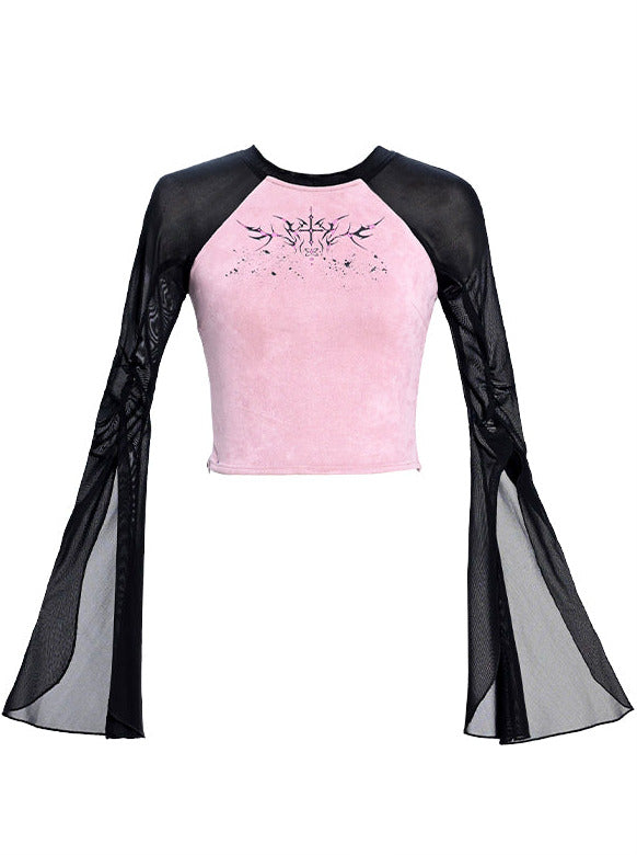 Y2K Black Sheer Slit Sleeve Printed Raglan T-Shirt