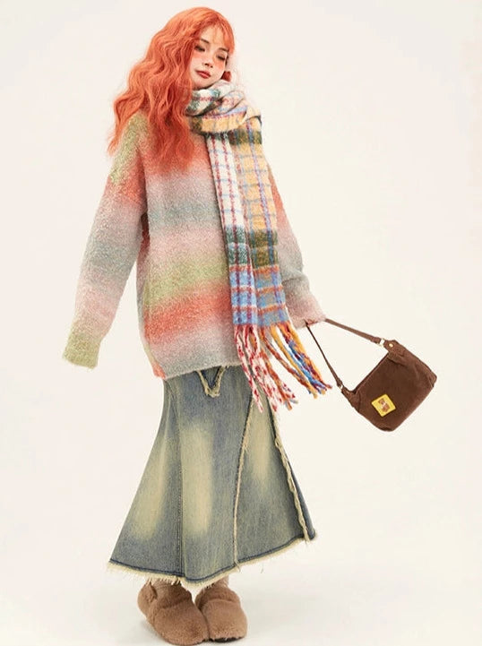 Mohair Rainbow Check Tassel Long Scarf