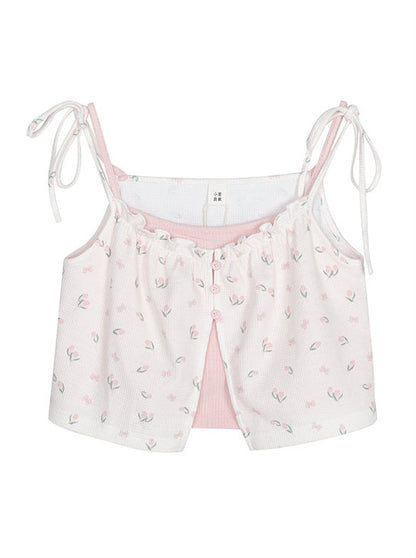 Frilled flower & pink layer ribbon camisole