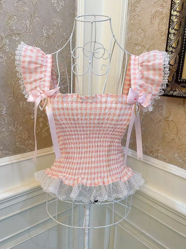 チェックフライングスリーブトップス