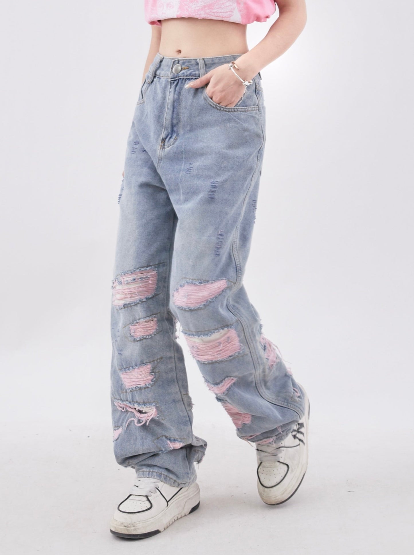 High Street Damage Design Wide Leg Straight Denim