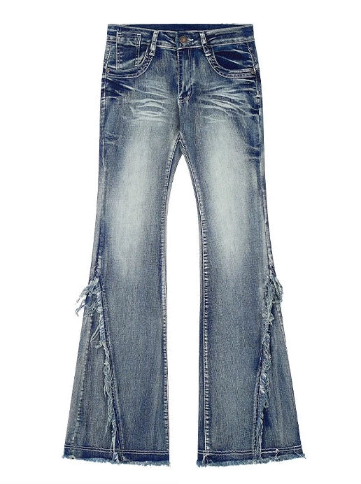 Retro-washed raw-edge mop long jeans