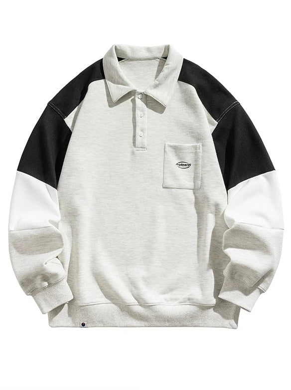 Contrast color polo collar loose sweatshirt