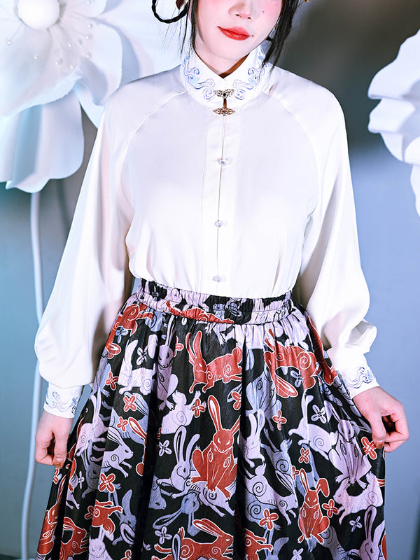 ラビットスタンドカラーランタンスリーブチャイナテイストシャツ