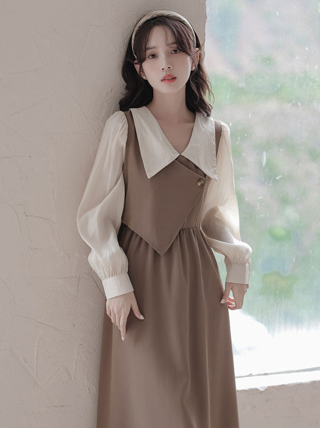Pointed Collar Volume Sleeve French Asymmetric Layered Dress