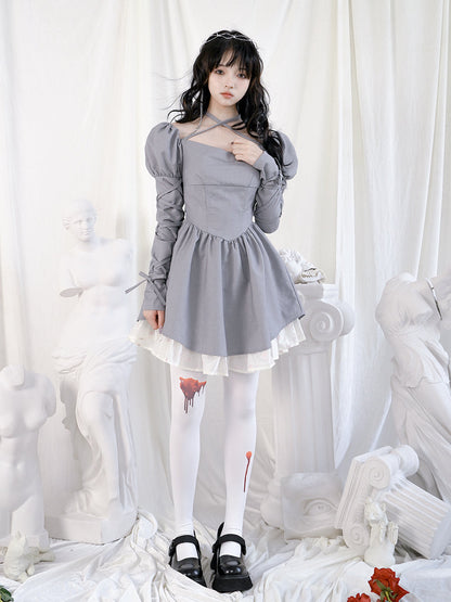 Waist mark layered dress with lace-up arm design