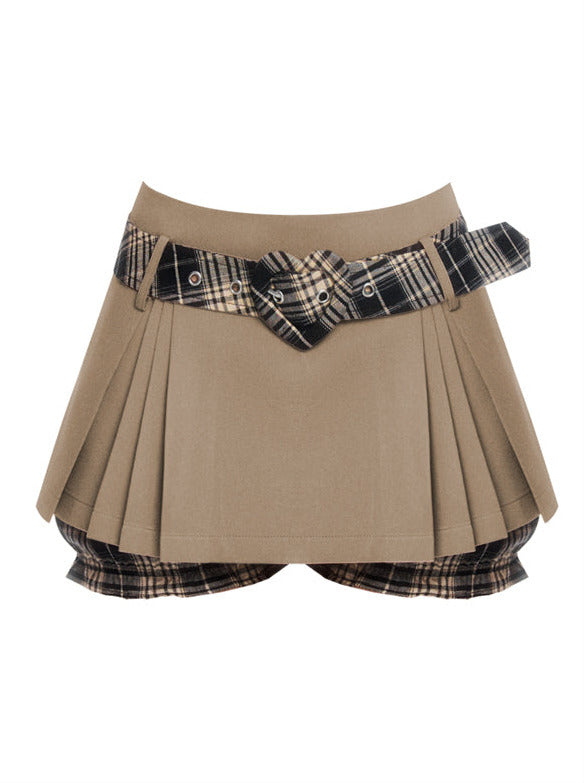 Y2K Cool Spicy Check Belt Inner Pants Inverted Pleated Skirt
