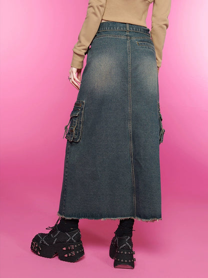 Front slit long denim skirt