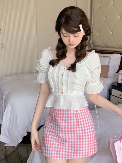 White lace shirt tops + pink check culottes