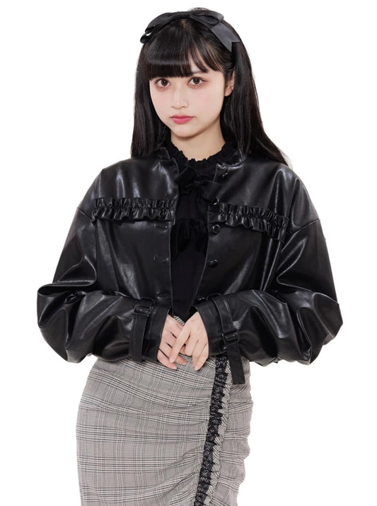 Frill Cool Leather Short Jacket