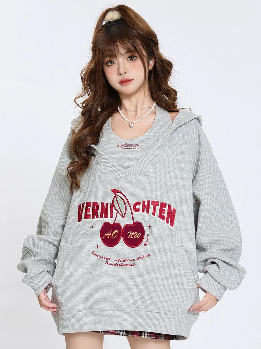 Retro Cherry Embroidery Leaf Hooded Sweatshirt Loose Two Piece