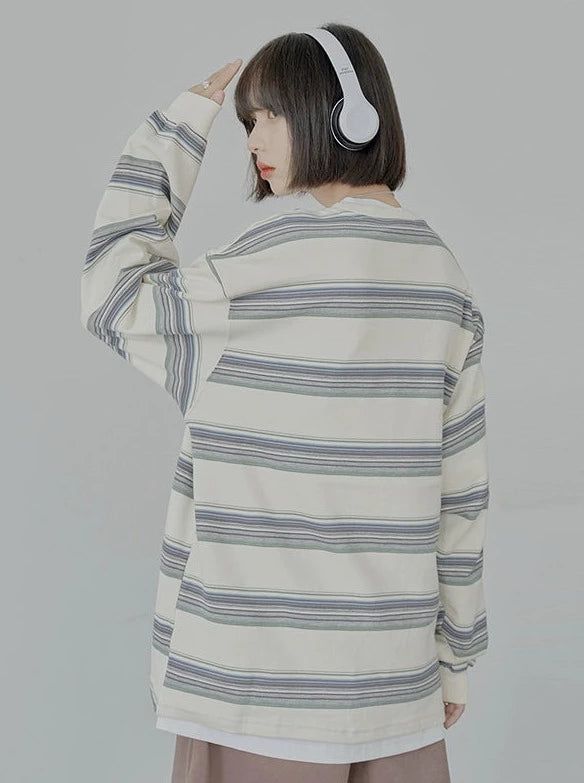 Loose Round Neck Striped Striped T