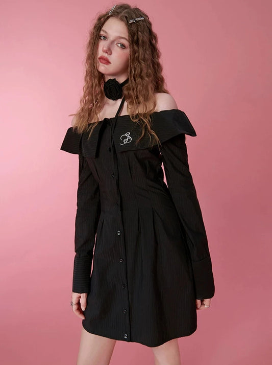 SEENFAAN BLOOMS A ONE-SHOULDER DRESS FOR WOMEN IN EARLY AUTUMN, NEW WOMEN'S LAPELS, OFF-THE-SHOULDER LONG-SLEEVED TEMPERAMENT SHIRT SKIRTS