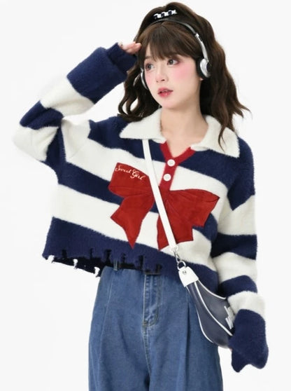 Mink Hair Pullover Striped Wool Sweater Top