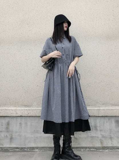 Check fake two-piece shirt dress