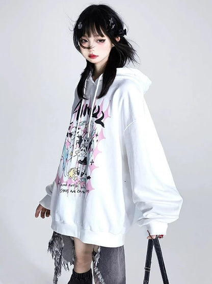 White Devil Print Oversized Hoodie Pullover