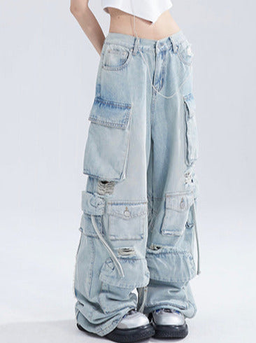 American Retro Loose Blue Ripped Straight Wide Leg Jeans