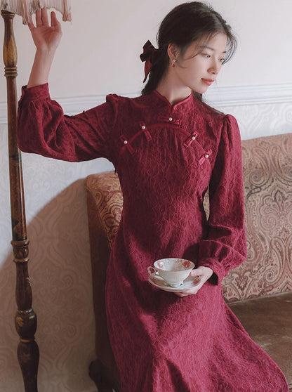 wine red cheongsam dress