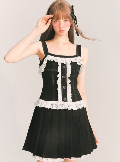 Lace frill black pleated skirt dress