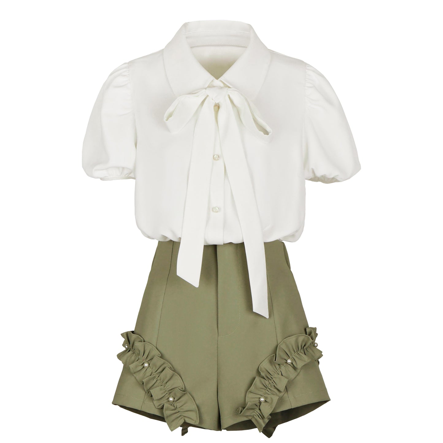 Green skirt + ruffle pants + short shirt + open shoulder shirt