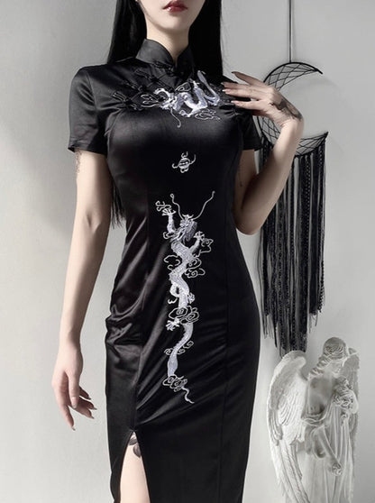 Slit High Waist Dark Long Skirt Cheongsam Dress