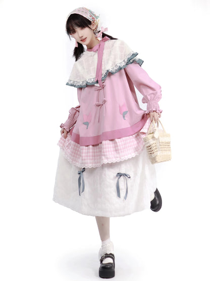 Dreamy Pink Forest Girl Layered Knit Shirt Skirt Suit