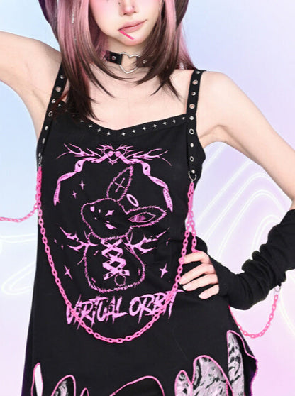 Y2K Cool Rabbit Print Black Pink Eyelet Chain Gloves &amp; Camisole