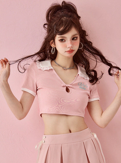 Lace color croptop pink shoulder tops