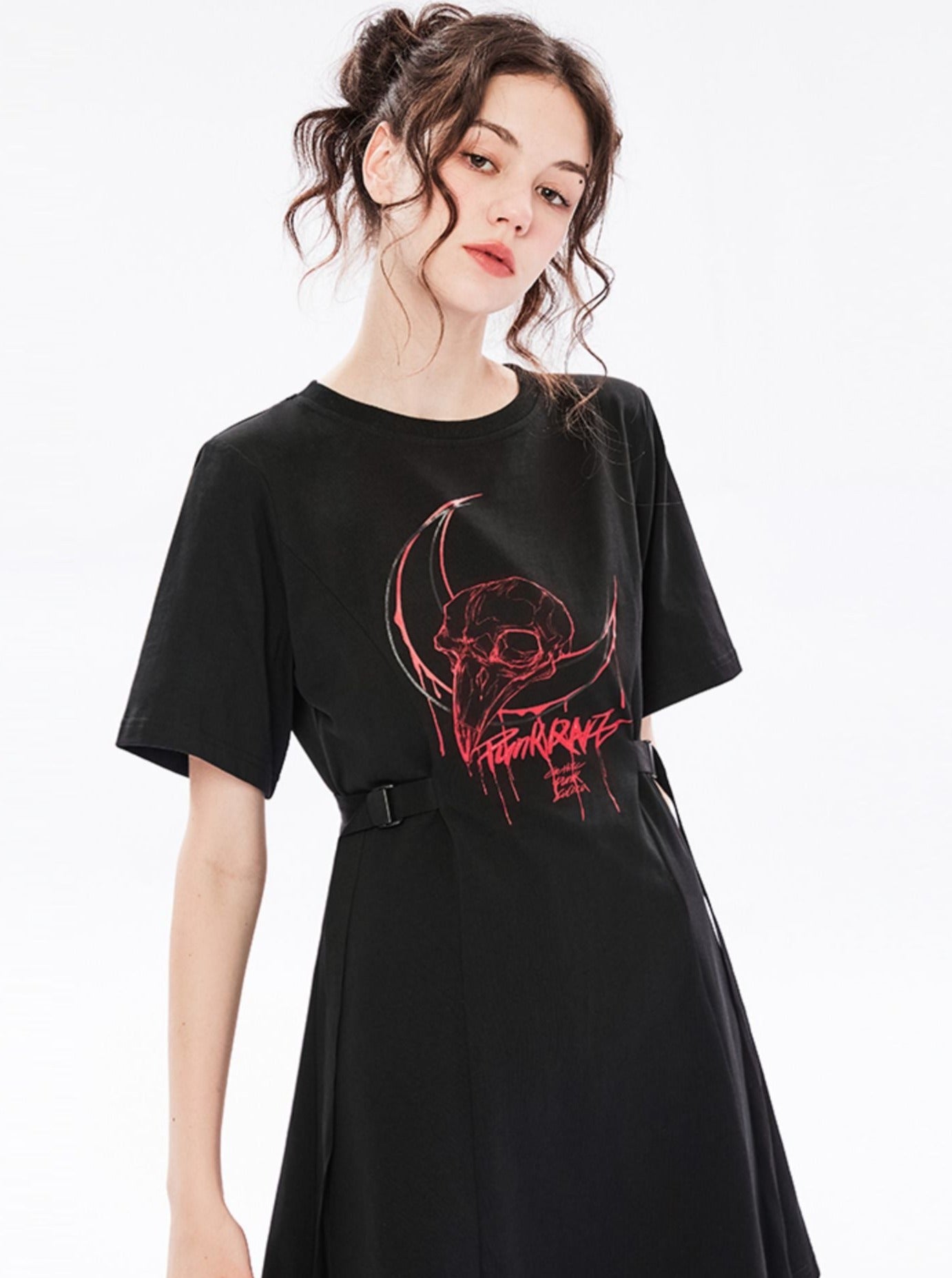 punk t shirt dress OMONSIM New Ladies Acid Wash Raw Power Printed Top Lace up Choker Neck T-Shirt Dress Women Dress (2, Large)