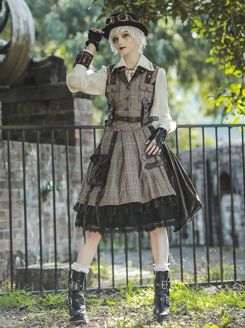 Check Leather Buckle Vest + Side Bag Check Asymmetrical Layered Skirt Detective Coord