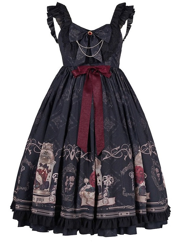 Printed Rose Bird Art Design Dress