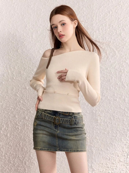 Off-the-shoulder belt design slim sweater